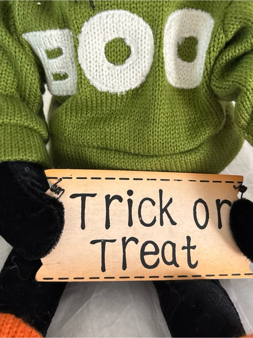 Black Cat Plush with Green 'BOO' Sweater and Orange Socks - Halloween Decor